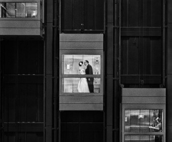 award-winning wedding photography, black and white elevators downtown chicago
